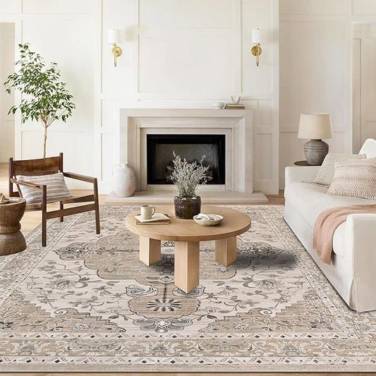 U'Artlines Boho Vintage Area Rug 8x10 Machine Washable Low Pile Soft Floor Carpet Non Slip Non Shedding Accent Rug for Living Room Bedroom Entryway Dining Room Office Beige＆Brown