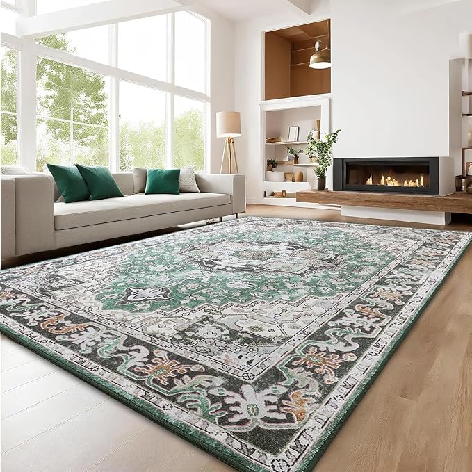 Vitnage Green Area Rug, Low Pile Washable Rugs, Non-Slip Distressed Rugs for Bedroom, Living Room, Kitchen, Dining Room (Green, 5x7)