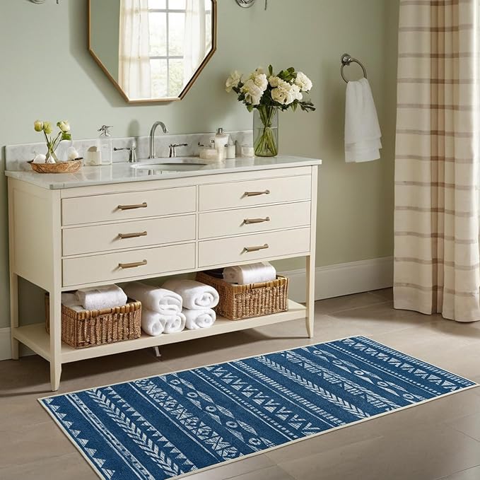 Runners for Hallways Kitchen Runner Rug Non Slip 2x6 Washable Runner Rugs Tear and Stain Resistance, Hand Woven Style Thin Runners for Hallways, Kitchen, Laundry, Bedroom, Bathroom- Blue