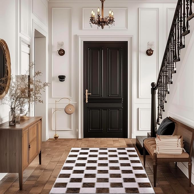EVERGRACE Checkered Plaid Area Rug 3x5, Soft Fuzzy Faux Wool Rugs Washable Anti Slip Rugs Small for Entryway Bedroom Living Room Hallway Kitchen Dining Room and Laundry Room, Dark Brown and White