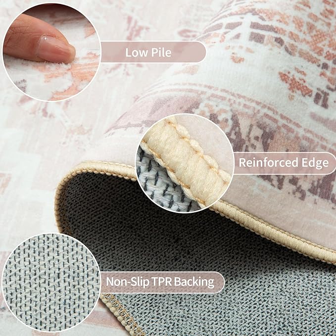 BESTSWEETIE 8x10 Area Rugs for Living Room Washable Non Slip Carpet Low Pile Soft Vintage Print Pattern Rug for Bedroom Dining Room Kitchen Entryway Indoor-Light Pink