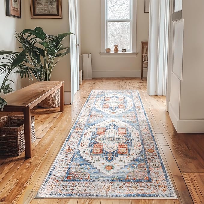 Washable 2x6 Area Rugs, Rugs for Living Room, Low-Pile Water&Stain Resistant Carpet Vintage Distressed Printed Non-Slip Carpet for Bedroom Bathroom Kitchen-Blue
