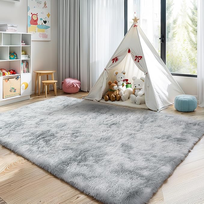 4x6 Light Grey Fluffy Shag Area Rug for Bedroom, Ultra Soft Fuzzy Plush Washable Carpet for Living Room, Modern Cozy Non Skid Furry Shaggy Rug for Kids Baby Boys Nursery Dorm,Tie-Dye Gray