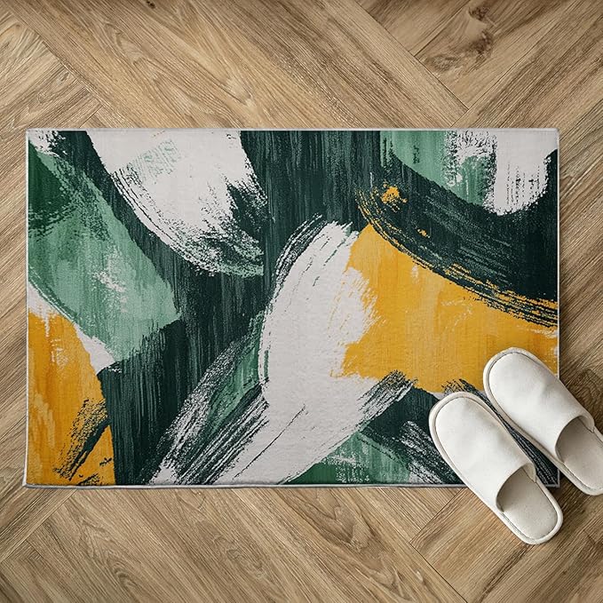 Bathroom Mat Green Gold Modern Abstract Rugs Contemporary Machine Washable Soft Plush Rug Carpet Non Slip Boho Aesthetic Area Rug for Entryway Kitchen Living Room Bedroom Dining Room Home 20x31.5 Inch