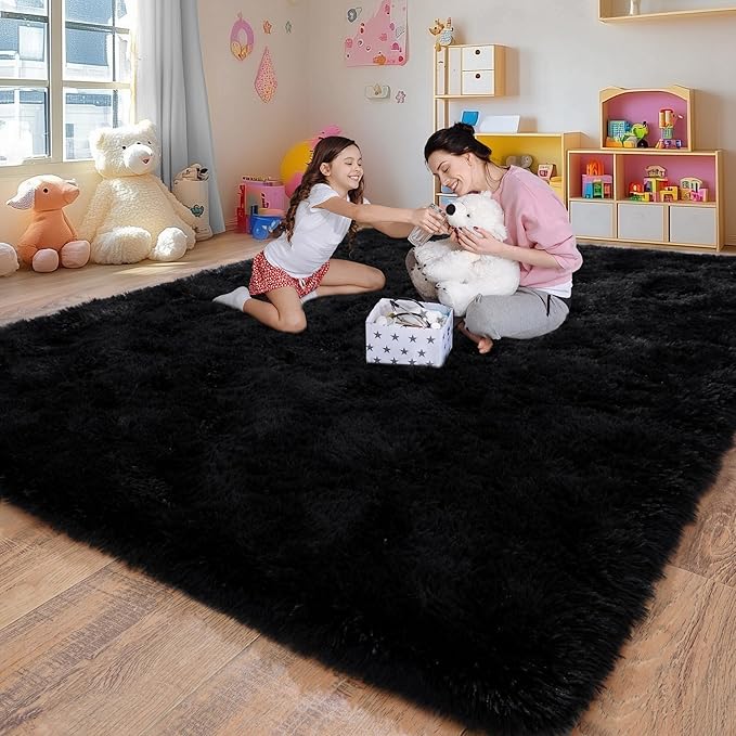 6x9 Fluffy Fuzzy Area Rug for Living Room Bedroom, Ultra Soft Large Living Room Rugs, Non Slip Thick Shag Rug for Dorm, Kids Girls Boys Rug for Home Decor Aesthetic, Black
