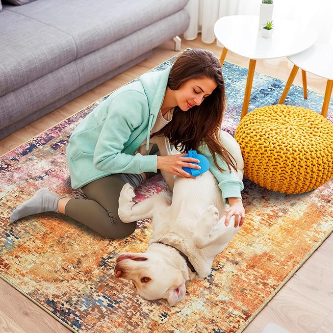 3x5 Colorful Washable Area Rug for Living Room Bedroom, Modern Abstract Non-Slip Rugs, Low Pile Soft Stain Resistant Carpet for Dining Room, Kitchen, Office, Dorm, Bedside Decor