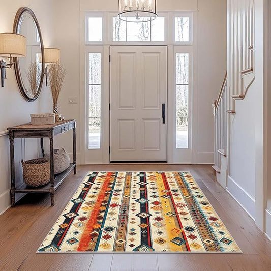 4x6 Area Rug Machine Washable Rugs Western Tribal Southwestern Orange Yellow Black Beige Colorful Rug Non-Slip Low Pile Large Carpet for Home Kitchen Living Room Bedroom Dining Room Office