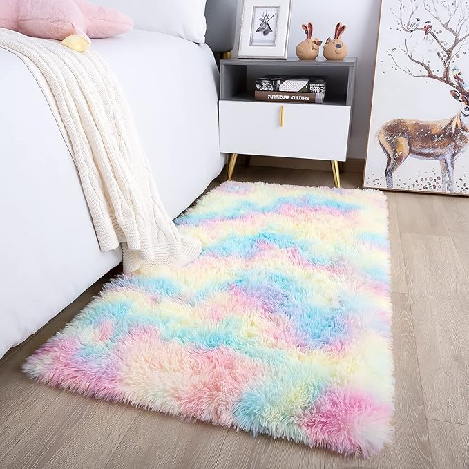 Noahas Fluffy Rainbow Rugs for Bedroom Girls,2x4 Shag Pink Kids Room Rug,Shaggy Area Rugs for Living Room,Soft Fuzzy Colorful Playroom Nursery Dorm Carpets Room Decor