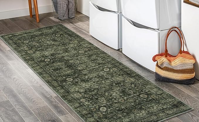 Morebes 2x6 Vintage Washable Dark Green Kitchen Runner Rug Non Slip, Boho Runners for Hallways, Non Shedding Soft Indoor Floor Throw Carpet for Laundry Living Room Bathroom Bedroom