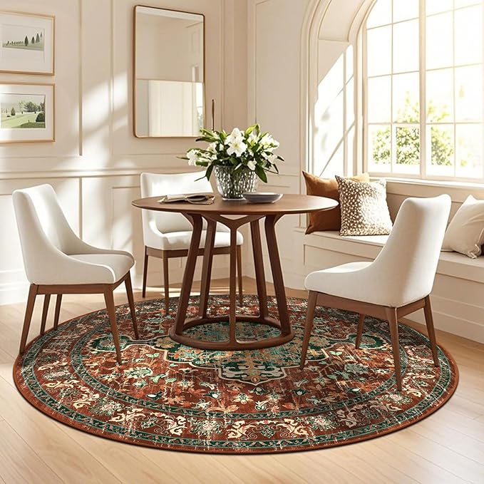 U'Artlines Boho Vintage Area Rug 4ft Machine Washable Low Pile Soft Floor Carpet Non Slip Non Shedding Accent Rug for Living Room Bedroom Entryway Dining Room Office Rust＆Teal
