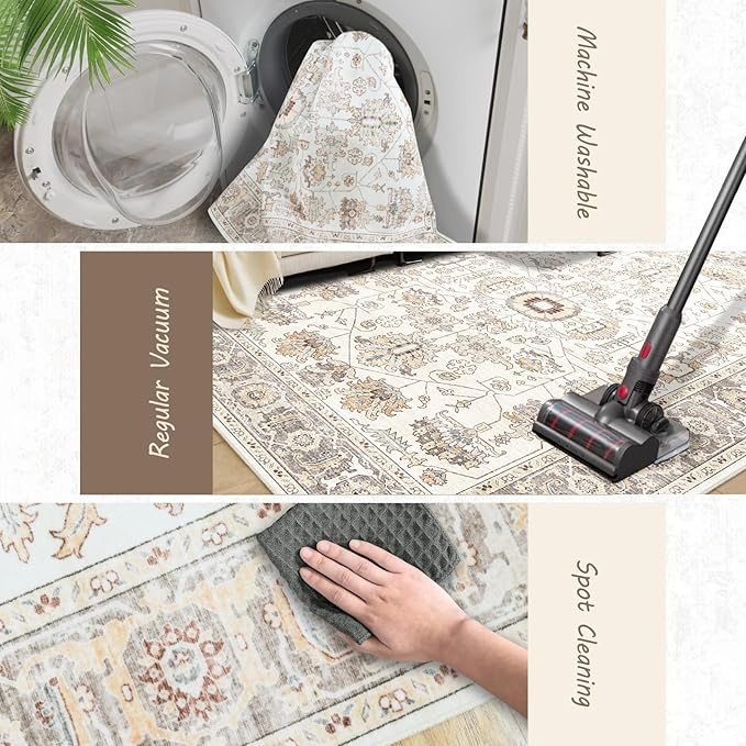 Area Rug 9x12 Living Room Soft Large Washable Rugs with Non-Slip Rubber Backing Stain Resistant Modern Indoor Vintage Carpet for Bedroom Dining Nursery Room Home Office…