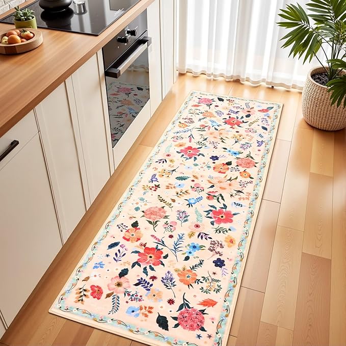 2x6 Floral Runner Rug, Flowers Printed Washable Rugs with Non Slip Backing for Girls Bedroom Kitchen Hallway,Cute Carpet Runners Home Aesthetic Decor, Peach White