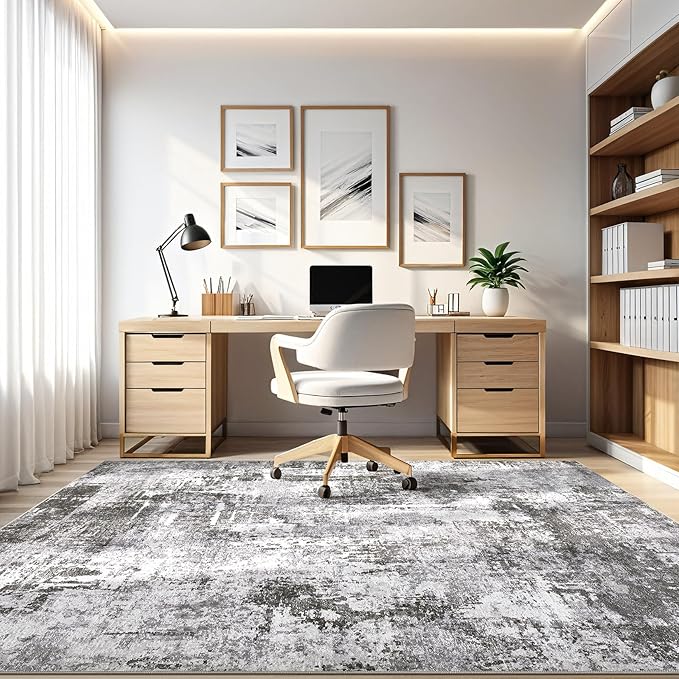 10x12 Area Rug Living Room: Washable Large Abstract Modern Soft Rugs Stain Resistant Indoor Floor Non Slip Accent Carpet for Bedroom Nursery Playroom Office Dining Room Dorm Home House- Black Gray
