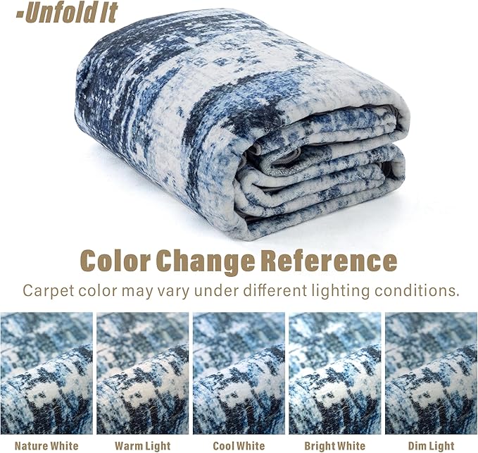 Carvapet Rugs for Living Room Bedroom, Modern Abstract Low Pile Large Carpet with Rubber Backing, Foldable, Non Slip Machine Washable Indoor Decor (9 x 6 Feet Rectangular, Blue Area Rug)