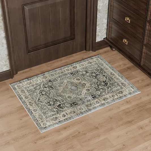 Dripex 2x3 Area Rugs, Machine Washable Non Slip Boho Rugs,Distressed Small Entryway Rug Doormat, 0.24" Low Pile Vintage Rug, Floor Carpet for Front Entrance Kitchen Bathroom,Dark Blue and Green