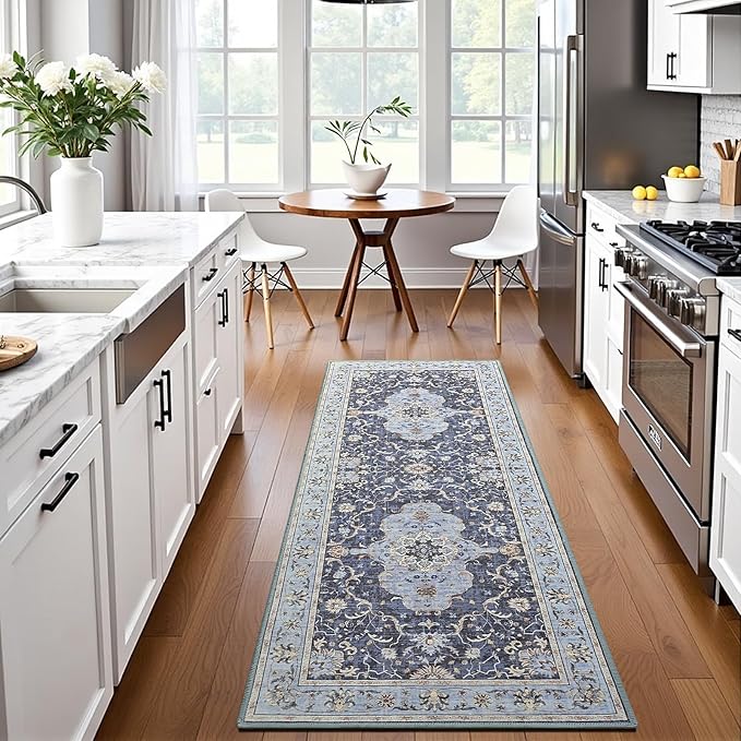 Vasofe Hallway Runner Rug 2x6,Vintage Washable Kitchen Runner Area Rugs with Rubber Backing Non Slip Print Carpet for Entryway,Laundry Room,Bathroom,Home Decor,Navy Blue
