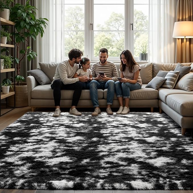 Zentavio Black and White Area Rugs for Living Room Large Rugs for Bedroom 6x9 Soft Carpet Fluffy Furry Shag Aesthetic Plush High Pile Gray Throw Rug for Nursery Kids Room Dorm Tie-Dyed