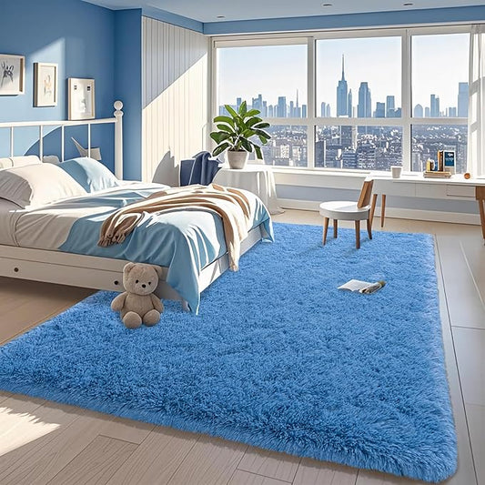 5x7 Blue Fluffy Area Rug for Bedroom Boys, Soft Cozy Shag Carpet for Kids Dorm Nursery Dorm Living Room, Shaggy Throw Rug for Home Decor, Non-Slip Indoor Throw Rug