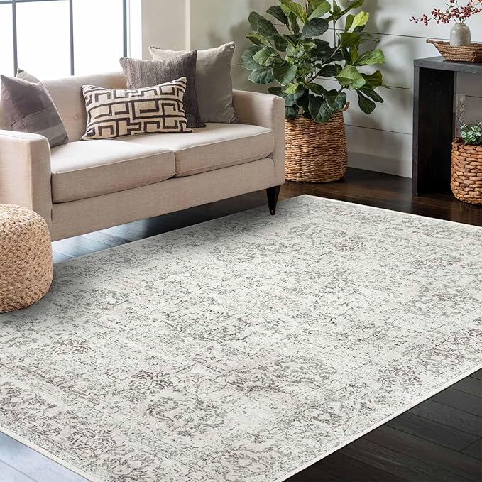 4x6 Washable Area Rug for Living Room, Neutral Vintage Boho Rugs for Office, Dining Room, Kids Room, Farmhouse, Durable Low Pile Non Slip Carpet for High Traffic Areas, Light Grey