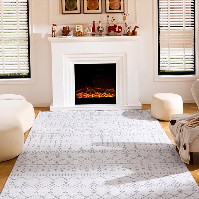 Carvapet Rugs for Living Room Bedroom, Grey Boho Low Pile Large Carpet with Rubber Backing, Foldable, Non Slip Machine Washable (9 x 6 Feet Rectangular, Gray Area Rug)