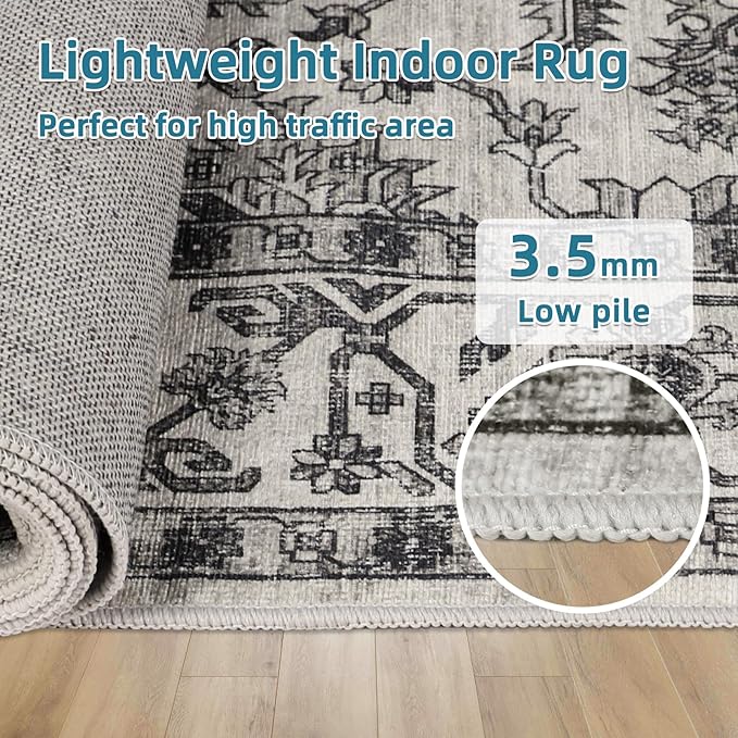 Dripex 8x10 Area Rugs, Machine Washable Non Slip Distressed Boho Rugs,Large Area Rug for Bedroom Aesthetic, No Pile Lightweight Vintage Rug, Carpet for Living Room Dining Room Apartment Den,Grey