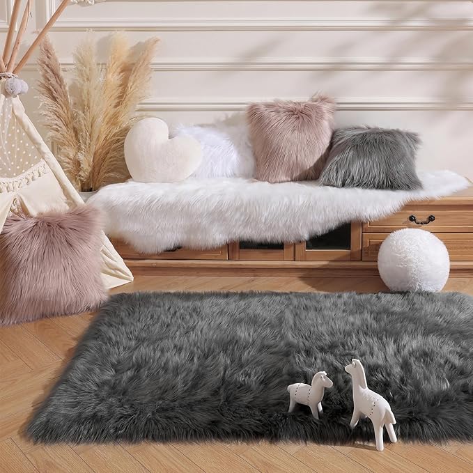 Ashler Faux Fur Area Rug - Ultra Soft Fluffy Shaggy Sheepskin 3 x 5 Feet, Dark Grey, Machine Washable - Nursery Decor Throw for Bedroom, Living Room, Kids Room