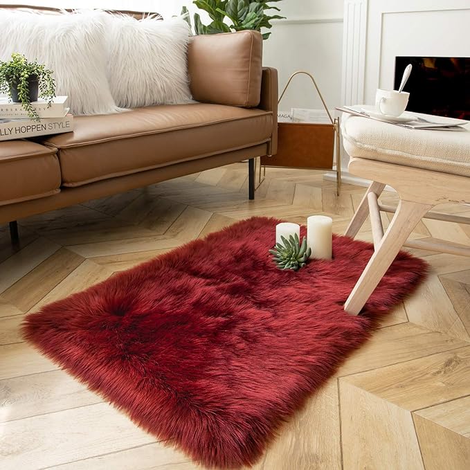 Ashler faux fur rug, Fluffy Shaggy Area Rug Ultra Soft 2 x 2.9 Feet Rectangle Fur Rug Deep Red Fuzzy Rug Machine Washable Shag Rug, Nursery Decor Throw Rugs for Bedroom, kids room, Living Room