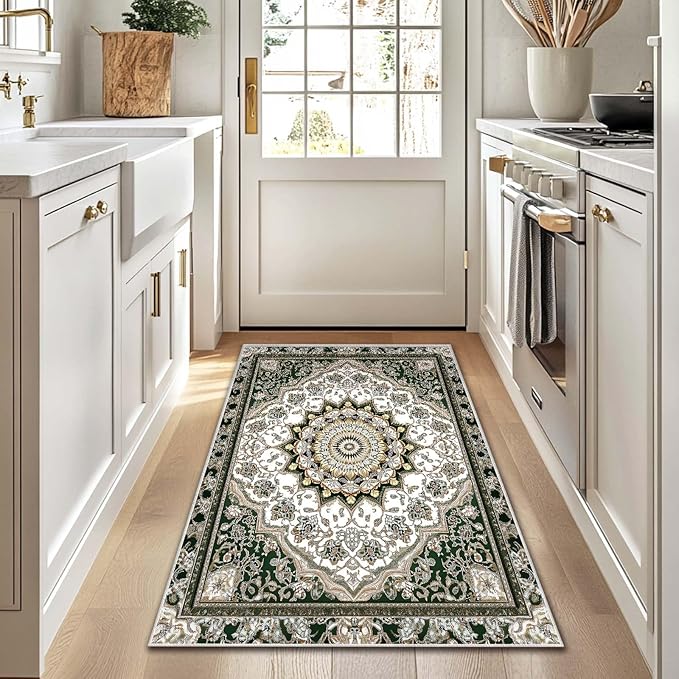 3x5 Entryway Rug Traditional Oriental Vintage White Dark Green Area Rug Indoor Entrance Non Slip Door Mat Stain Resistant Washable Machine Soft Low Pile Small Carpet Bathroom Kitchen