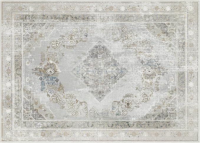Phantoscope Vintage Collection Area Rug 5'x7' for Living Room - Washable Rug Large Boho Carpet Non-Slip for Bedroom Dining Room, Indoor Low-Pile Neutral Distressed Accent Rug, Grey/Dull Teal