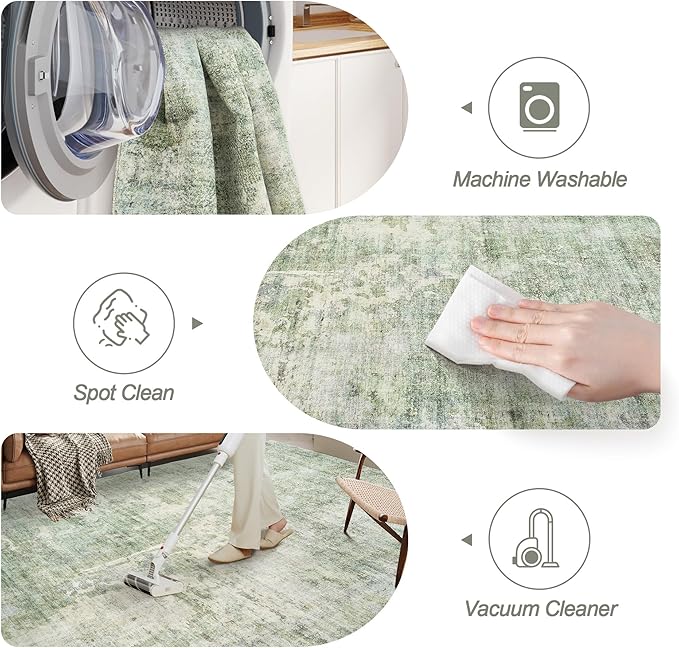 2x3 Abstract Washable Rugs for Kitchen, Floor, Entryway, Powder Room Small Area Rug Non-Slip Vintage Low Pile Throw Door Mat Green Ivory