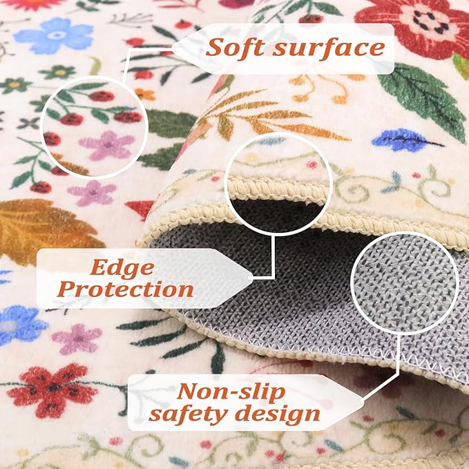 Washable Area Rugs 5'x7' Living Room, Non Slip Floral Vintage Low Pile Large Rugs for Living Room Stain Resistant for TribalBedroom, Farmhouse, Dining Room, Kids Playroom