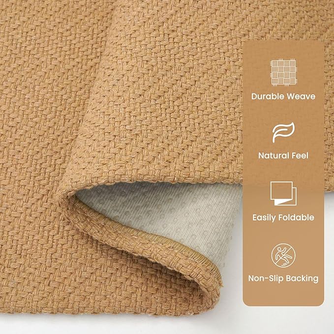 Small Braided Rugs 2x3 Ft Area Rugs for Entryway Boho Washable Rug Throw Rugs with Rubber Backing Cotton Woven Door Mat Indoor Entrance Front Door Rugs for Foyer Bathroom Kitchen, Warm Tan