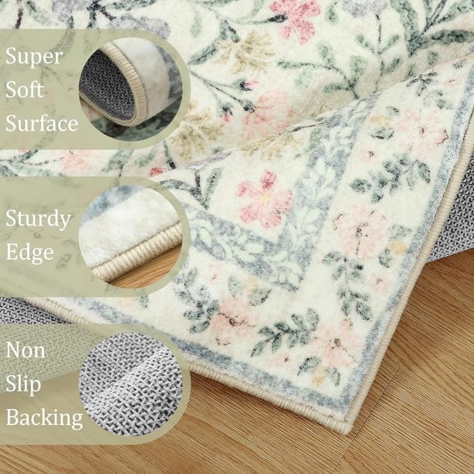 Morebes Washable Runner Rug 2x6,Bathroom Runner Rugs 24 x 72 Non Slip Washable,Vintage Boho Ultra-Thin Indoor Throw Carpet Runner for Hallway Entry Bedroom Laundry Room, Cream/Multi
