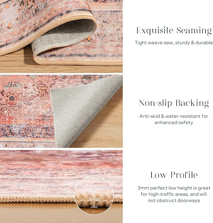 Phantoscope Vintage Collection Area Rug 5'x7' for Living Room - Washable Rug Large Boho Carpet Non-Slip for Bedroom Dining Room, Indoor Low-Pile Neutral Distressed Accent Rug, Rust/Multi
