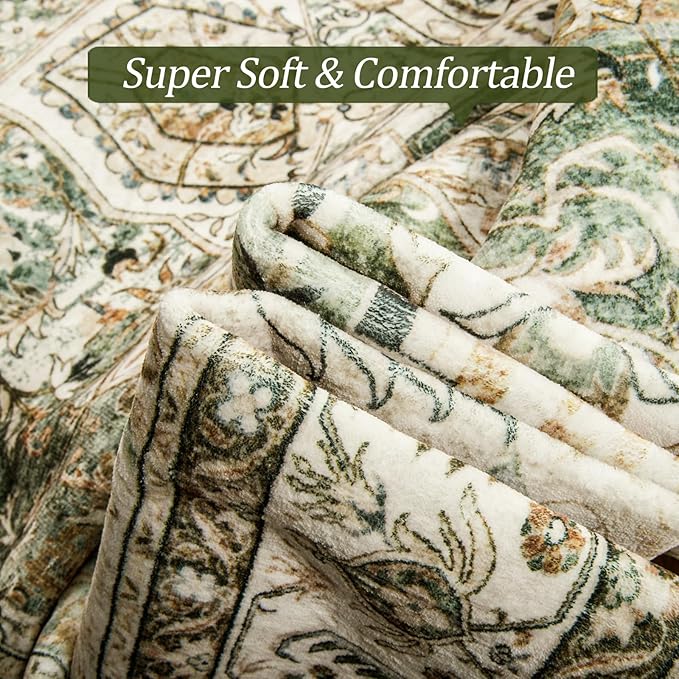 Washable Area Rug 8x10, Large Soft Rugs for Living Room Farmhouse Vintage Area Rugs for Bedroom Dining Room Non-Slip Stain Resistant Under Table Rug Olive Beige
