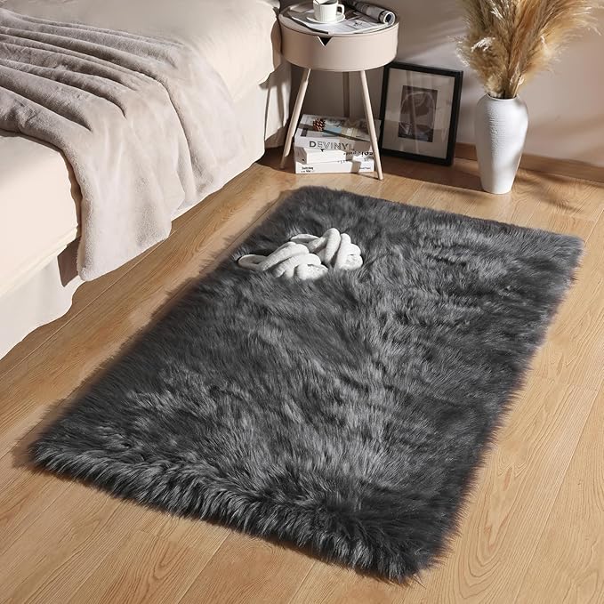 Ashler Faux Fur Area Rug - Ultra Soft Fluffy Shaggy Sheepskin 3 x 5 Feet, Dark Grey, Machine Washable - Nursery Decor Throw for Bedroom, Living Room, Kids Room