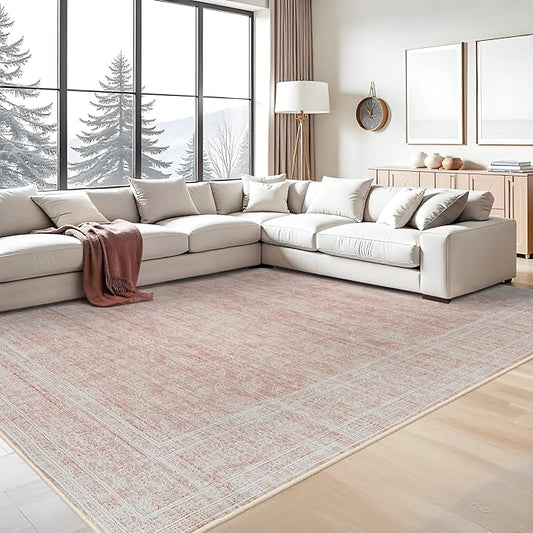 Washable Oriental Area Rug - 9x12 Rugs for Living Room Soft Carpet for Bedroom Waterproof Floral Distressed Indoor Stain Resistant Non-Shedding Floor Carpets (Pink, 9x12)
