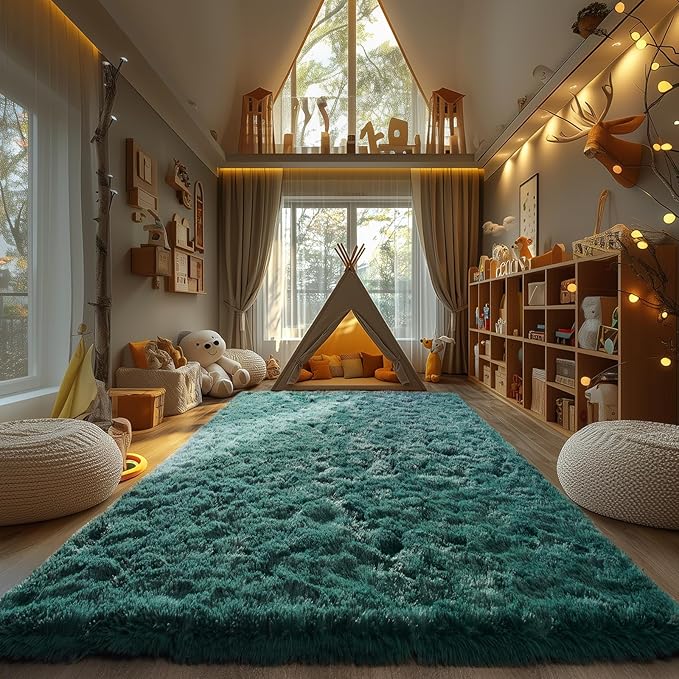 Zentavio Dark Green Area Rugs for Living Room Emerald Green Rugs for Bedroom 8x10 Fluffy Fake Grass Large Carpet for Kids Room Playroom Furry Shag Aesthetic Soft High Pile Washable Home Decor