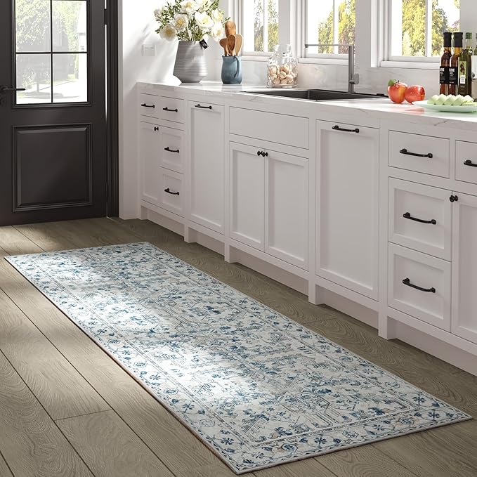 jinchan Kitchen Runner Rug 2x8 - Vintage Floral Machine Washable Non-Slip Hallway Runner Rug with Rubber Backing Ultra-Thin Carpet for Bedroom Laundry Room Farmhouse (2x8ft,Blue)
