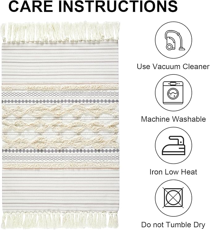 Washable Cotton Throw Rugs with Fringe, Boho Chic Modern Farmhouse Tufted Cute Vintage 2x3 Small Area Rugs for Bathroom Kitchen Bedroom Laundry Entryway Indoor Front Door Mat Thin Pile