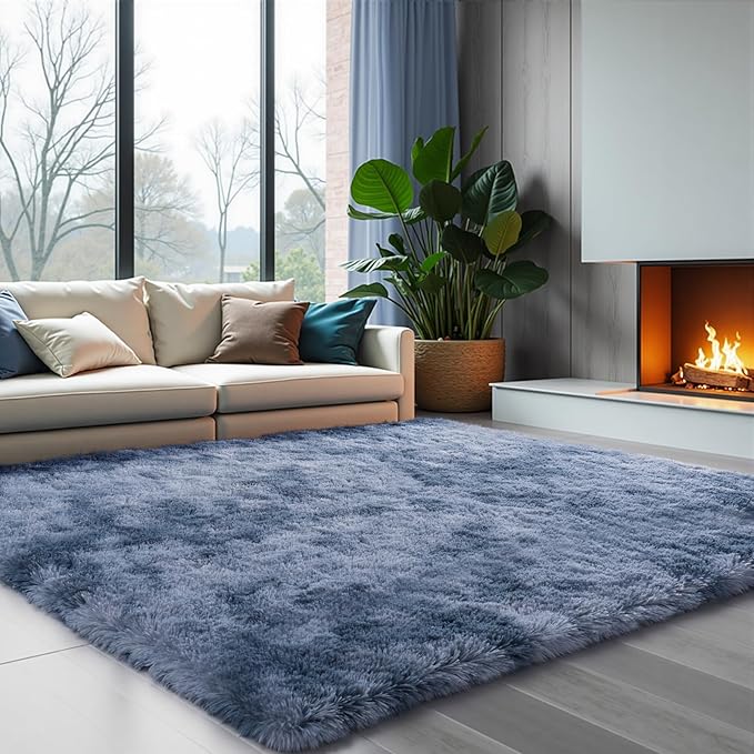 Zentavio Area Rugs for Living Room Large Rugs for Bedroom 5x8 Carpet Fluffy Fuzzy Soft Shag Aesthetic Plush High Pile Gray Throw Rug for Nursery Kids Room Dorm Tie-Dyed Blue Grey