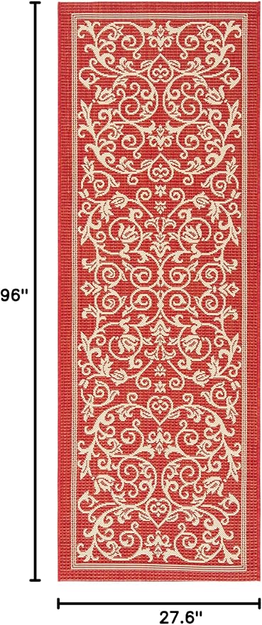 SAFAVIEH Courtyard Collection Runner Rug - 2'3" x 8', Red & Natural, Scroll Design, Non-Shedding & Easy Care, Indoor/Outdoor & Washable-Ideal for Patio, Backyard, Mudroom (CY2098-3707)