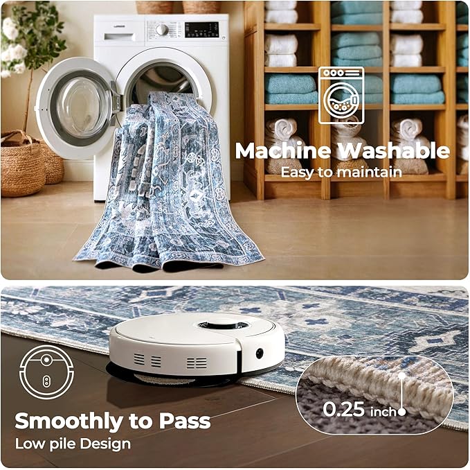 Washable Area Rugs Boho Non Slip Stain Resistant Thin Carpet Vintage Blue Printed Oriental Distressed 6x9 Rug for Living Room Bedroom Low Pile
