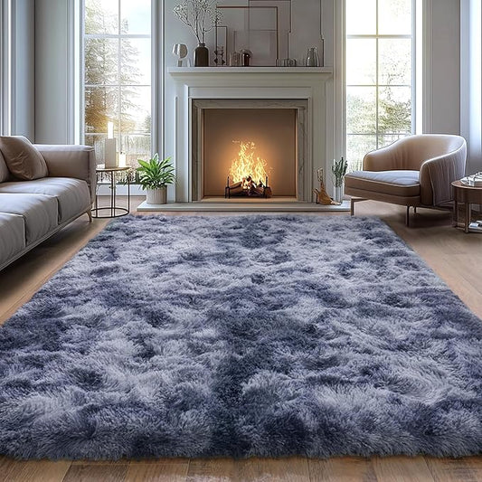 Plush Area Carpet Fluffy Carpet for Living Room Non-Slip Shag Fuzzy for Nursery Tie-Dyed Blue Grey 8x10 Feet