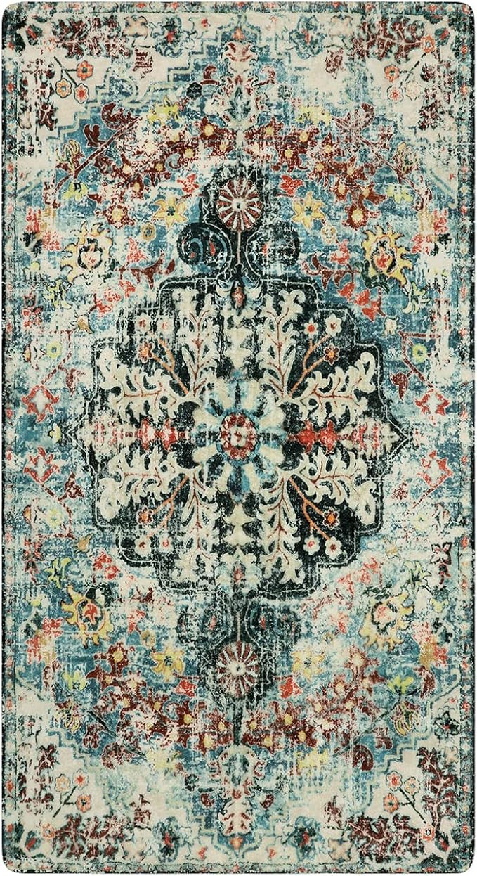 Lahome Bohemian Floral Medallion Rug - 2x4 Washable Kitchen Rug Soft Laundry Room Runner, Vintage Non Skid Indoor Throw Carpet for Entryway Doorway Bathroom Sink, Teal