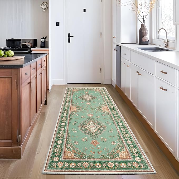 Tepook 2x6 Vintage Runner Rug - Low Pile Washable Non-Slip Carpet for Hallway, Kitchen, Bedroom, Entryway, Laundry Room, Bathroom - Indoor Throw Rug in Green