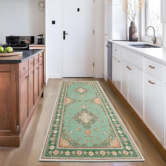 Tepook 2x6 Vintage Runner Rug - Low Pile Washable Non-Slip Carpet for Hallway, Kitchen, Bedroom, Entryway, Laundry Room, Bathroom - Indoor Throw Rug in Green