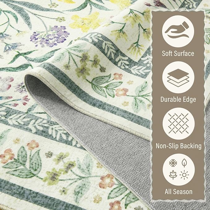 Amearea Green Runner Rugs for Hallway, 2x6 Feet Area Rugs for Bedroom Girls, Washable Floral Collection Bedside Rugs Low Pile Print Carpet, Kids Room Entrance Kitchen Living Room Decor