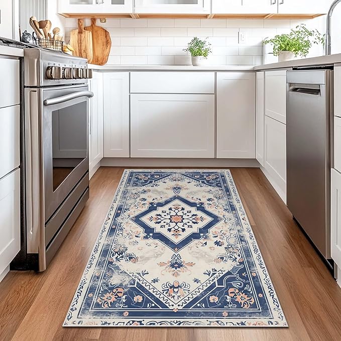 3x5 Entryway Rug Vintage Oriental Navy Blue Boho Beige Small Area Rug Bedroom Bedside Thin Carpet Bathroom Non Slip Indoor Entrance Low Pile Door Mat Kitchen Stain Resistant Washable Machine