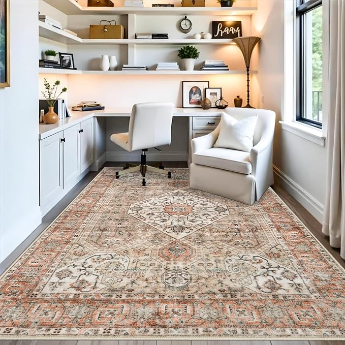 Washable 5x7 Living Room Rug: Oriental Non-Slip Area Rugs for Bedroom Non Shedding Accent Farmhouse Dining Room Carpet Soft Low Pile Mat for Nursery Room Home Office 5x7 Orange/Brown